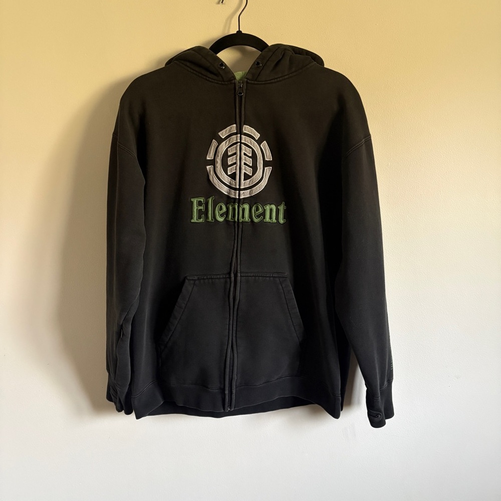 VTG Element Wind Water Fire Earth Full Zip Black Grunge Hoodie Men L Skater Y2K
